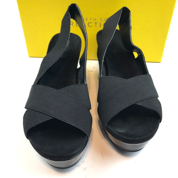KENNETH COLE Reaction "Chip Shape" Peep-Toe Black Wedge 3" Heel Shoe Size 8.5 - Picture 1 of 5